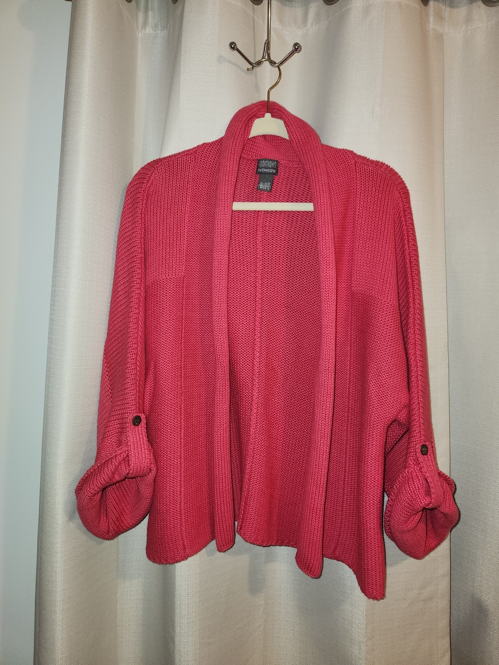 Chico’s Additions Open Front Chunky Knit Cardigan Sweater Berry, Size L